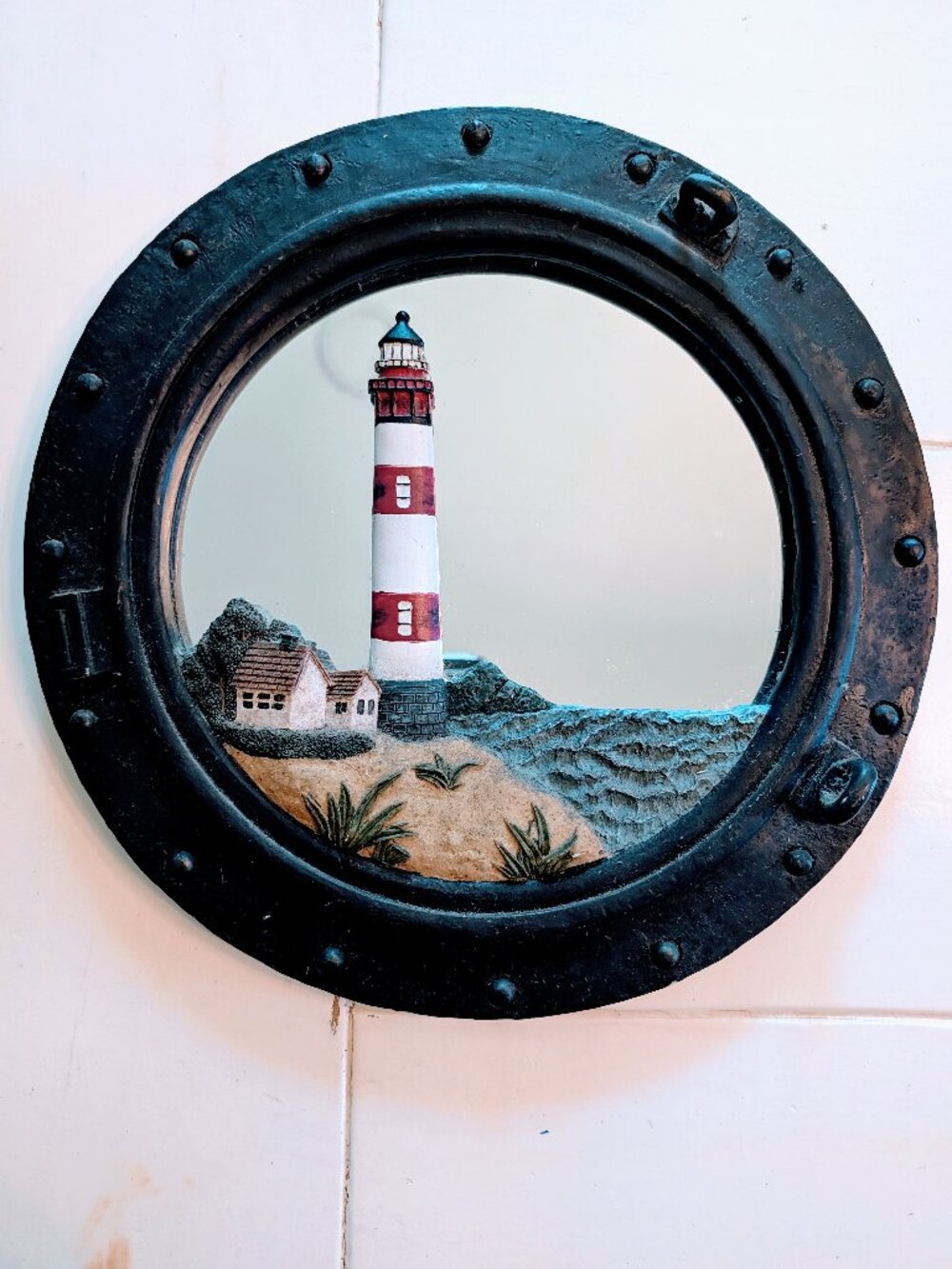 VTG 14” Nautical Porthole Mirror Lighthouse Wall Decor Coastal Beach Resin 3D